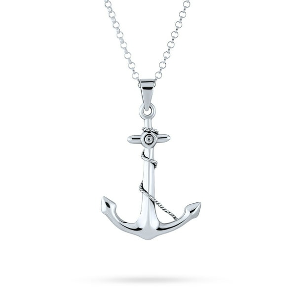 Fine 925 Sterling Silver Polished and Textured Nautical Anchor with Rope CZ Pendant Necklace 